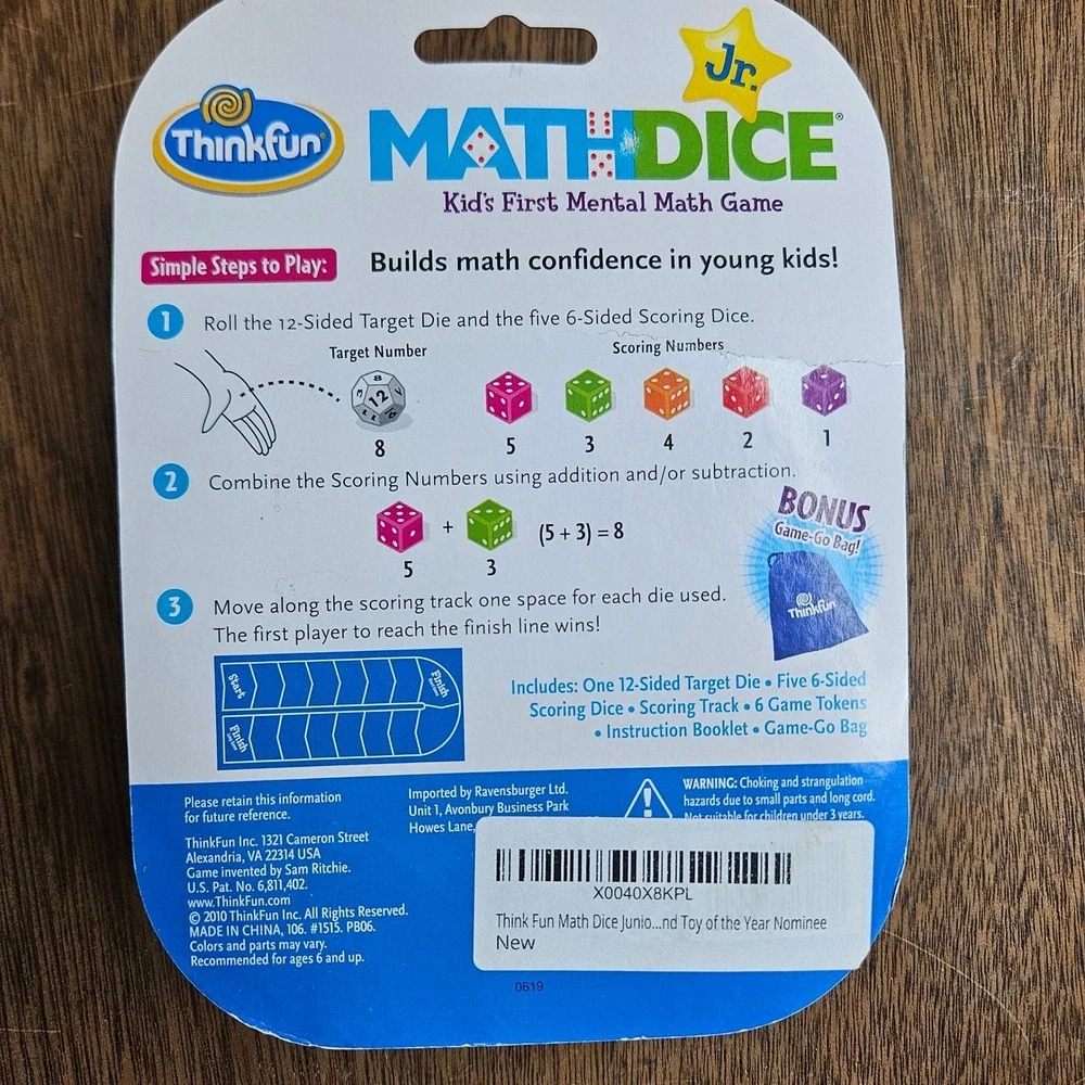 ThinkFun Math Dice Jr Kids First Mental Math Game Ages‎ 6+ New 1515 Toy of Year